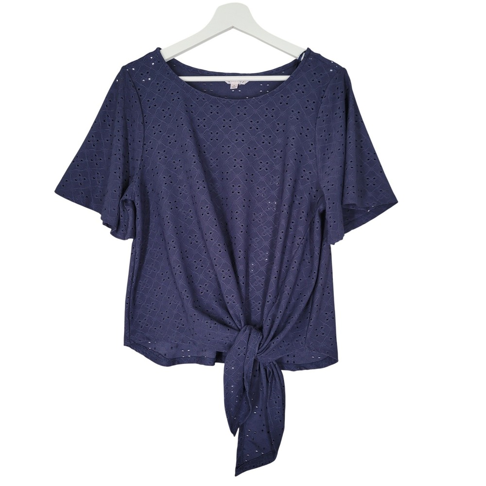 Nanette Lepore Top Women Medium Navy Blue Eyelet Flutter Sleeve Tie Front Shirt